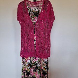 Black/pink floral print dress w/ pink cardigan